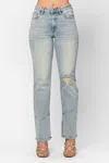 Judy Blue High Waist Destroyed & Inseam Slit Straight Denim Jeans In Light Wash