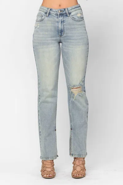 Judy Blue High Waist Destroyed & Inseam Slit Straight Denim Jeans In Light Wash