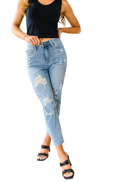 Judy Blue High Waist Destroyed Boyfriend Jeans In Light Wash In Blue