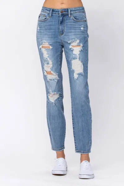 Judy Blue High Waist Destroyed Boyfriend Jeans In Medium Wash In Multi