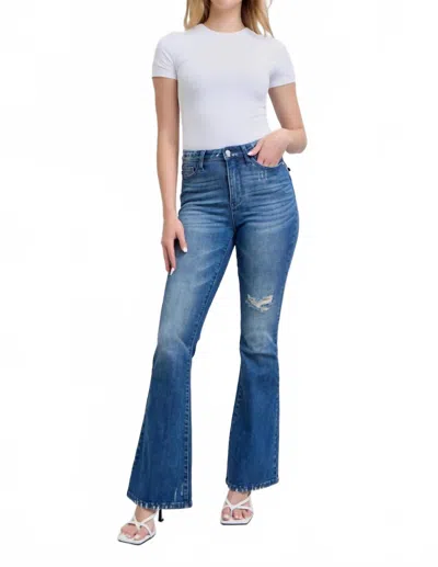 Judy Blue High Waist Destroyed Flare Jeans In Dark Contrast Wash In Blue