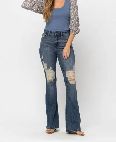 Judy Blue High Waist Destroyed Flare Jeans - Tall Length In Dark Wash In Blue