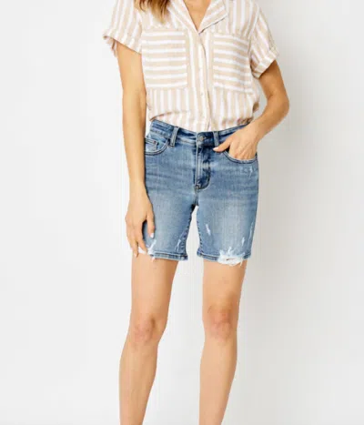 Judy Blue High Waist Destroyed Hem Bermuda Shorts In Medium Blue
