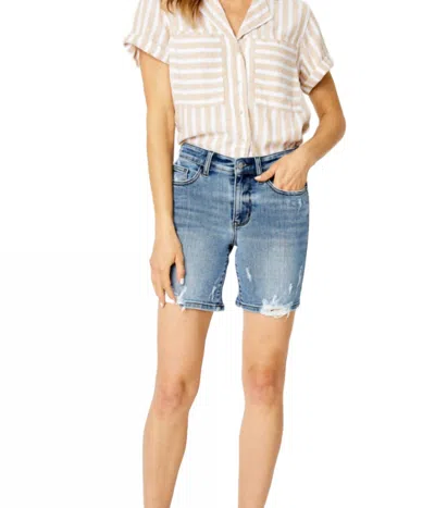 Judy Blue High Waist Destroyed Hem Bermuda Shorts In Medium Blue In Multi