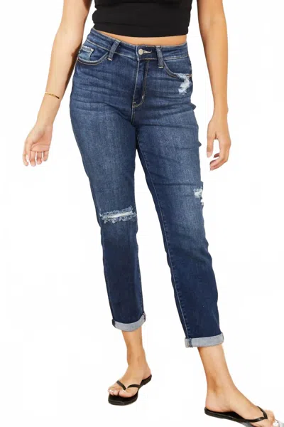 Judy Blue High Waist Distressed Boyfriend Jeans In Dark Wash In Blue