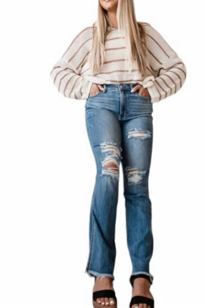 Judy Blue High Waist Distressed Fray Hem Bootcut Jeans In Med Blue In Multi