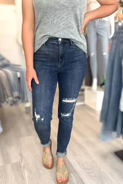 Judy Blue High Waist Distressed Skinny In Dark Wash In Blue