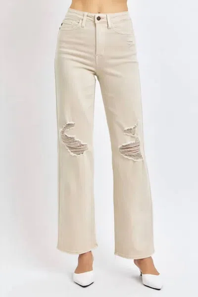 Judy Blue High Waist Distressed Wide Leg Jeans In Bone In Neutral
