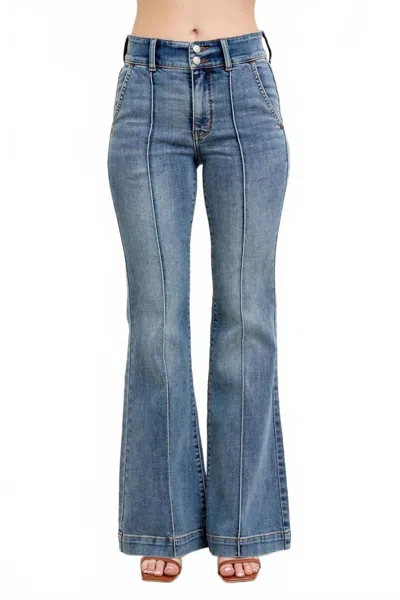 Judy Blue High Waist Double Button Trouser Flare Jeans In Medium Blue In Burgundy