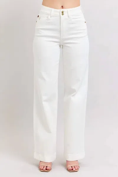 Judy Blue High Waist Double Button Trouser Wide Jeans In White