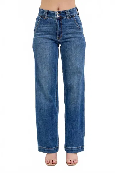 Judy Blue High Waist Double Button Wide Leg Jeans In Medium Wash In Blue