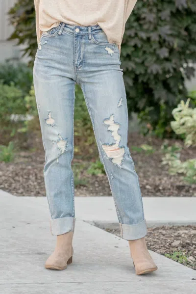 Judy Blue High Waist Double Cuff Fray Hem Distressed Boyfriend Jeans In Medium Blue Wash