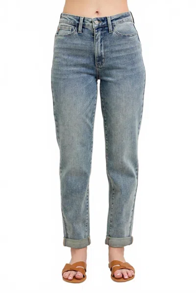 Judy Blue High Waist Double Roll Cuff Boyfriend Jeans In Vintage Wash In Blue