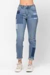 Judy Blue High Waist Double Rolled Cuff Patch Boyfriend Jeans In Blue