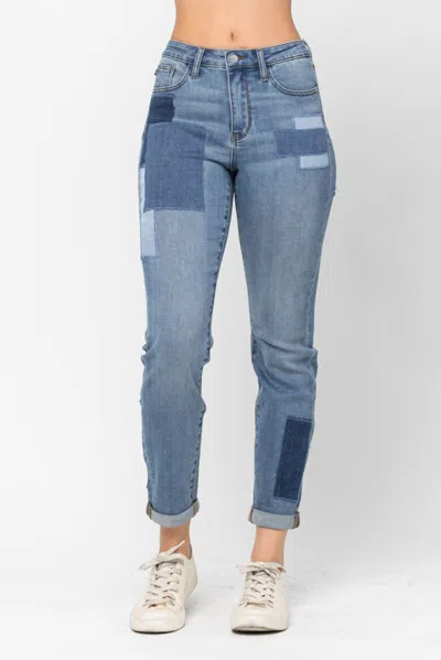 Judy Blue High Waist Double Rolled Cuff Patch Boyfriend Jeans In Blue