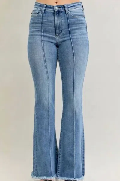 Judy Blue High Waist Flare Fray Hem Jeans In Medium Stone In Silver