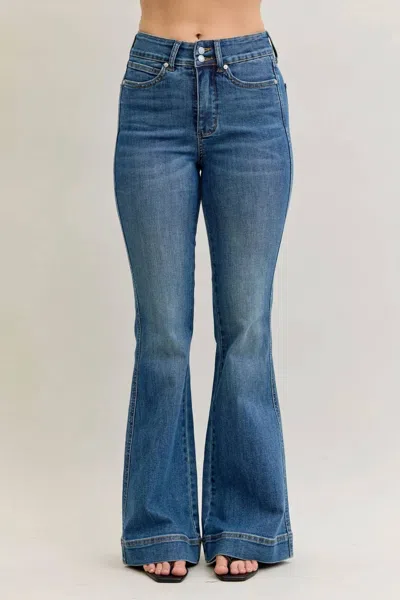 Judy Blue High Waist Flare Tummy Control Double Button Jeans In Medium Stone In Blue