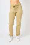 Judy Blue High Waist Garment Dyed Cuffed Joggers In Khaki In Green