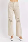 Judy Blue Full Size High Waist Distressed Wide Leg Jeans In Beige In Neutral