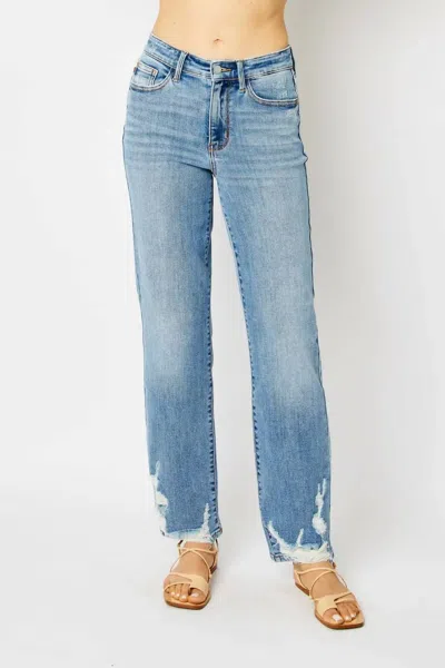 Judy Blue High Waist Heavy Destroy Straight Denim Jean In Medium Wash In Multi
