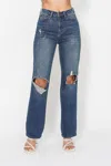 JUDY BLUE HIGH WAIST KNEE RIPPED DENIM JEANS IN BLUE