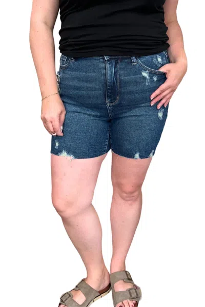 Judy Blue High Waist Mild Destroy Cut Off Shorts In Dark Wash In Blue