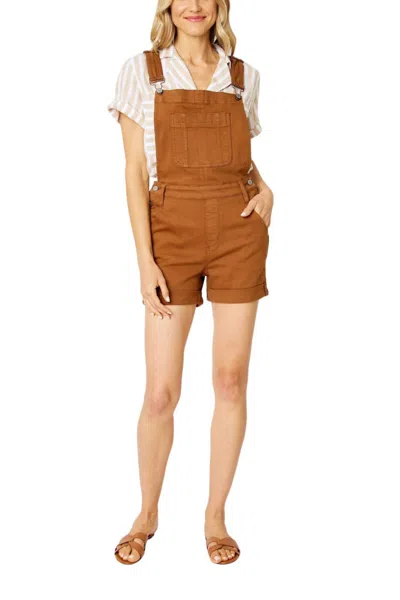 Judy Blue High Waist Overall Denim Short In Dyed Brown
