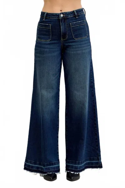 Judy Blue High Waist Palazzo Front Patch Pockets Jeans In Dark Wash In Blue