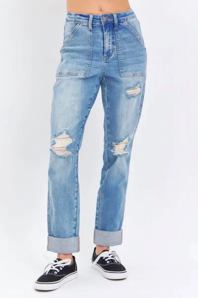 Judy Blue High Waist Patch Pocket & Destroy Boyfriend Jean In Medium Wash In Multi