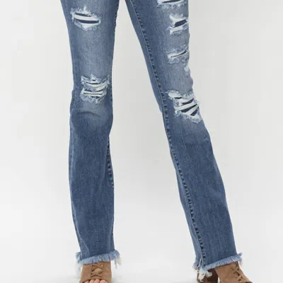 JUDY BLUE HIGH WAIST PATCHED BOOTCUT JEANS IN MEDIUM WASHED BLUE