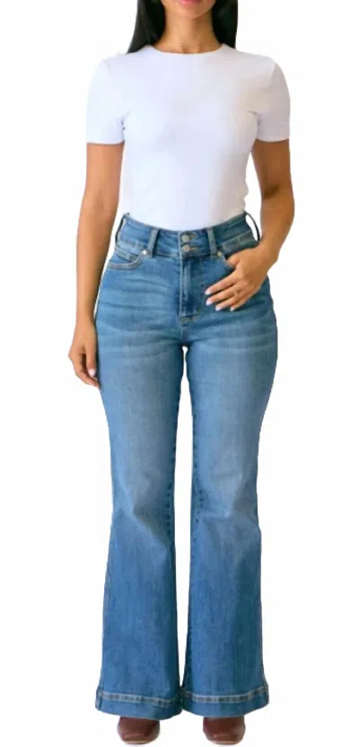 Judy Blue High Waist Petite Flare Tummy Control Double Button Jean In Light Blue
