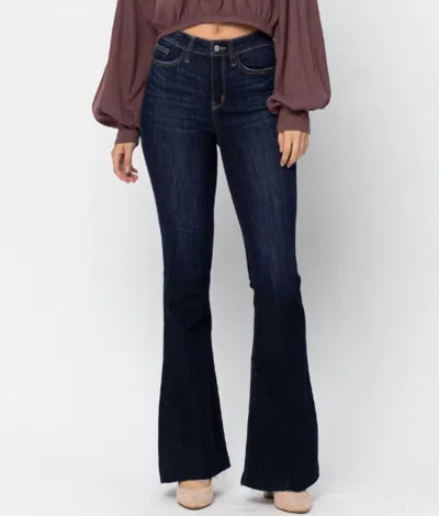 Judy Blue High Waist Raw Hem Tall Flare Jeans In Dark Wash In Blue