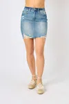 Judy Blue High Waist Rigid Magic Destroy Denim Skirt In Blue In Blue