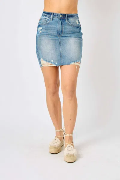 Judy Blue High Waist Rigid Magic Destroy Denim Skirt In Blue In Multi