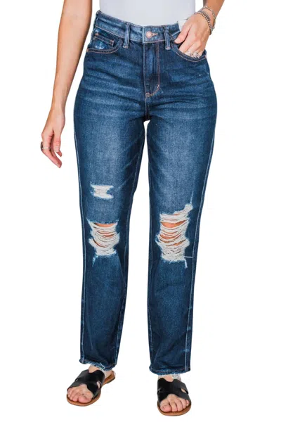 Judy Blue High Waist Rigid Magic Heavy Destroy Straight Jean In Dark Wash In Blue