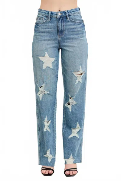 Judy Blue High Waist Rigid Magic Star Shaped Destroy 90's Straight Leg Jeans In Light Blue