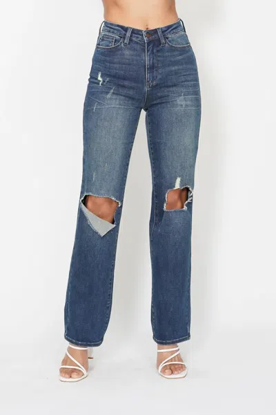 Judy Blue High Waist Ripped Knee Dad Jeans In Medium Blue Wash