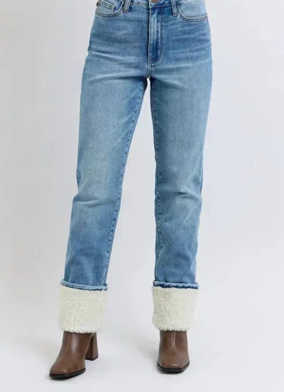 Judy Blue High Waist Shearling Cuff Straight Denim Jeans In Blue