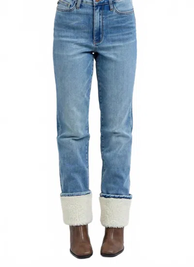 Judy Blue High Waist Shearling Cuff Straight Leg Jeans In Blue In Burgundy