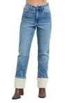 Judy Blue High Waist Shearling Cuffed Straight Leg Jean In Medium Wash In Multi