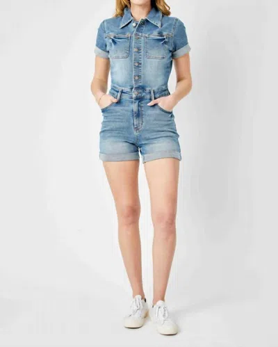 Judy Blue High Waist Short Sleeve Denim Romper In Med Blue