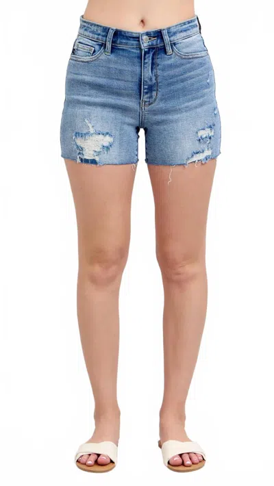 Judy Blue High Waist Shorts With Stitch Over Destroy In Medium Wash In Blue