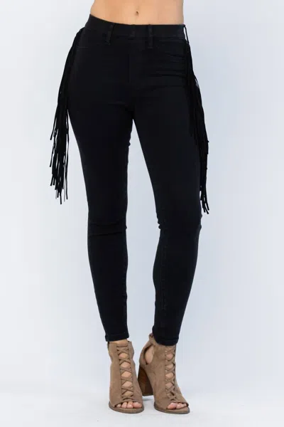 Judy Blue High Waist Side Fringe Skinny Jegging Denim Jeans In Black