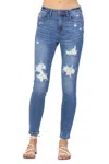 JUDY BLUE HIGH WAIST SKINNY LEMON PATCH DENIM JEANS IN BLUE