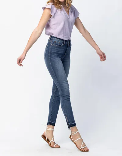 Judy Blue High Waist Skinny Released Hem And Side Slit In Med Wash In Blue