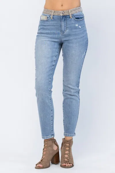 Judy Blue High Waist Slim Fit Jeans In Light Wash/cheetah Camo In Multi
