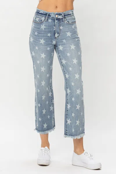 Judy Blue High Waist Star Print Cropped Straight Jeans In Faded Wash In Multi