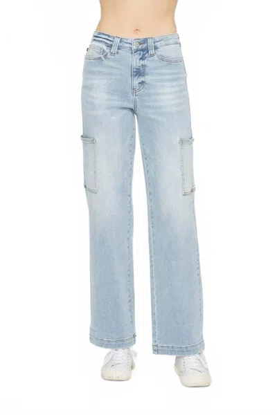 Judy Blue High Waist Straight Cargo Jeans In Light Wash In Blue