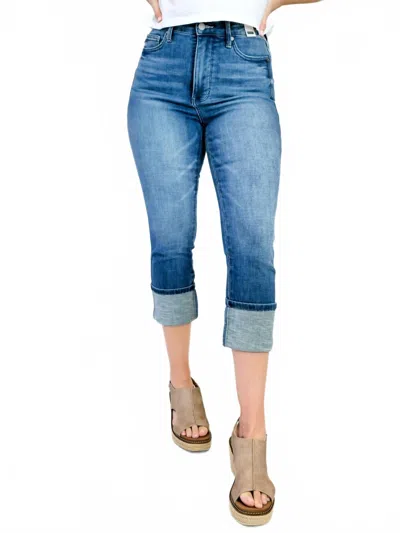Judy Blue High Waist Tummy Control Cuff Capri Jeans In Medium Blue