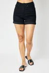 Judy Blue High Waist Tummy Control Cuffed Non Distressed Shorts In Black In Black